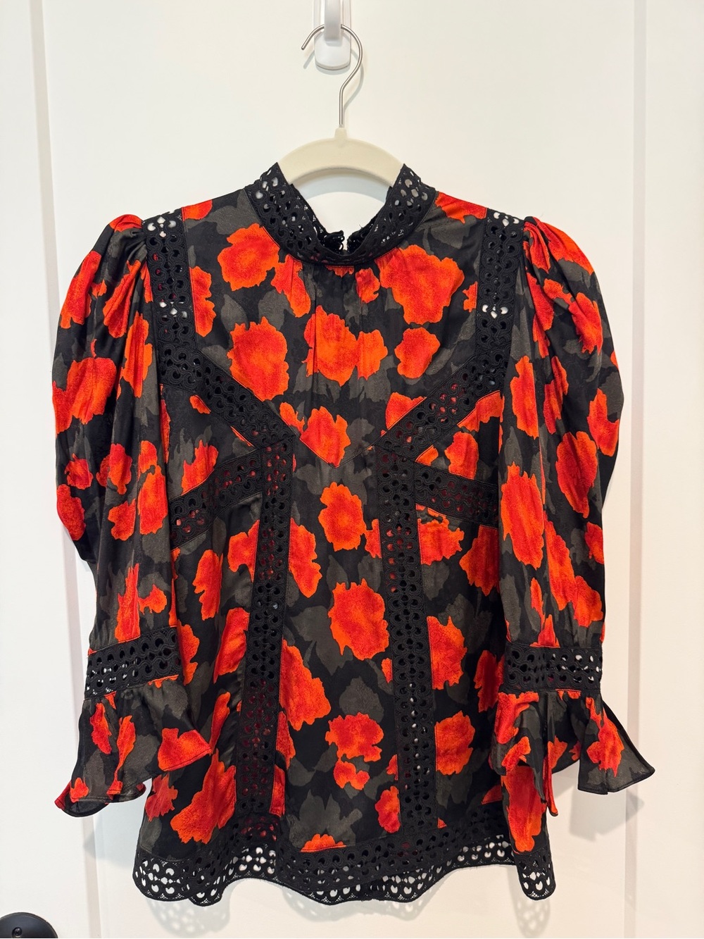 The Kooples Black Blouse with Red Floral Print and Lace Insets